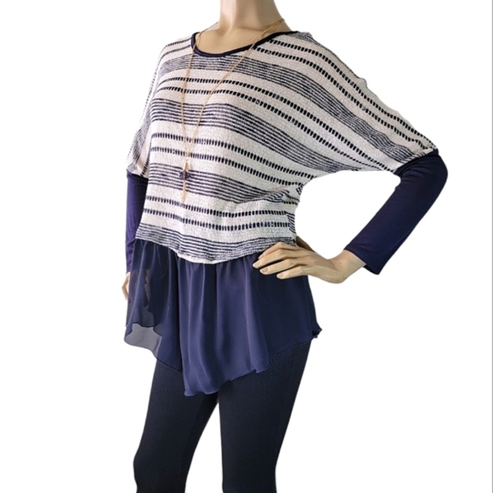 Blue Striped Knit & Chiffon Contrast Blouse With Attached Necklace by New Mode